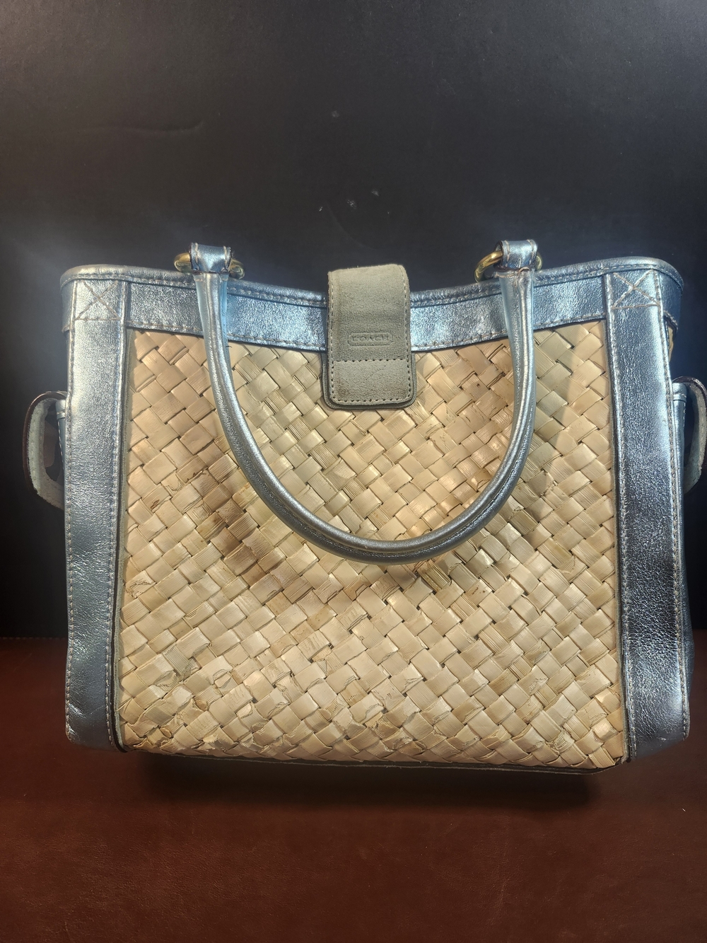 Coach Straw Woven Tote with Metallic Silver Trim - Picture 2 of 9